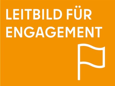 Orangene Kachel zur Weiterleitung auf die Unterseite "Leitbild für zivilgesellschaftliches Engagement in Neukölln"