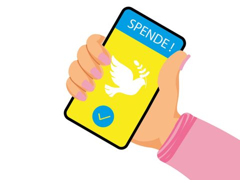 Handy mit Hinweis auf Spende in Landesfarben Urkaine