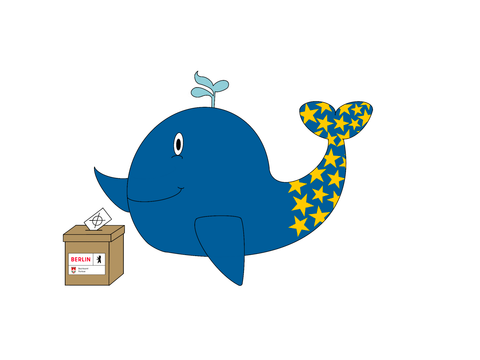 Illustration eines blauen Wals mit gelben Sternen auf dem Schwanz, der einen Wahlzettel in eine Wahlurne mit der Aufschrift „Berlin“ einwirft. Der Wal lächelt und hat eine Wasserfontäne auf dem Kopf.