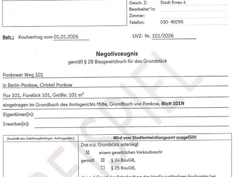 Darstellung des Antragsformulars auf Erstellung eines Negativzeugnisses gemäß §28 Baugesetzbuch