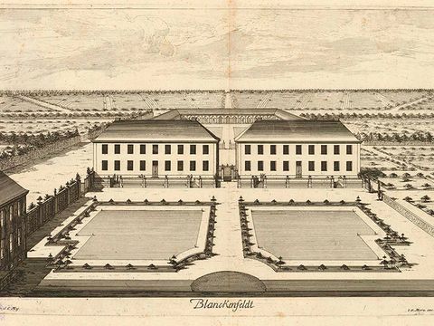 Stilisierte Ansicht vom Schlösschen und vom Garten Blankenfelde um 1733