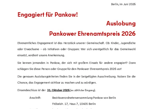 Auslobungsunterlage Pankower Ehrenamtspreis 2026, Frist 31.10.2026