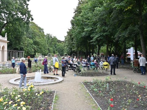 Die neue Infotafel (im Bild rechts, noch verhüllt) befindet sich am Rosengarten