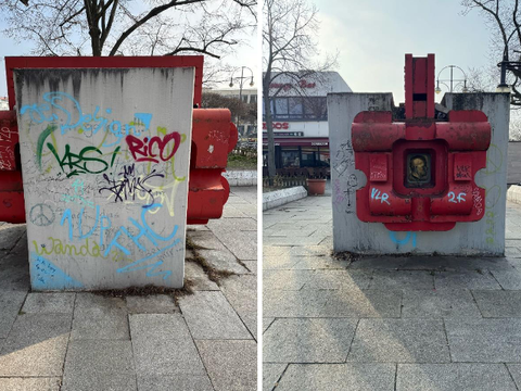 Vorher: Das beschmierte Denkmal für Kurt Schumacher (Bild: BA Reinickendorf)
