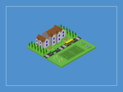 Bild von einer Schule und einem Sportplatz