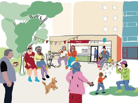 Illustration einer Gruppe von Menschen und einem Hund vor einem Gebäude mit dem Schriftzug, einige sitzen auf einer Bank unter Bäumen, andere spielen mit Seifenblasen und einem Ballon.