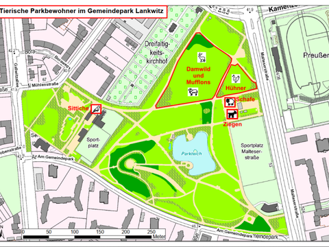 Einen Überblick über die Lage der verschiedenen Gehege und Volieren im Gemeindepark Lankwitz. (Bild: Bezirksamt Steglitz-Zehlendorf)