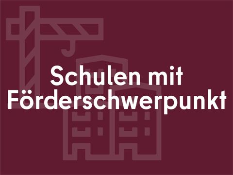 Schulen mit Förderschwerpunkt (Teaser: Text auf weinrotem Hintergrund mit Kran- und Haus-Icon)
