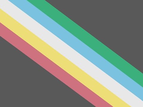 Disability Pride Flag nach Ann Margill. CR: Ideas for Artists, bearbeitet. Der Hintergrund der Flagge ist fast schwarz. Fünf schmale Streifen ziehen sich von oben links nach unten rechts. Für sie werden die Farben hellblau, gelb, weiß, rot und grün verwendet. Zwischen den Streifen befinden sich schmale Bänder in demselben annähernd schwarzen Farbton.