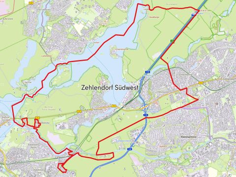 Die Karte bildet die festgelegten Grenzen des Städtebauförderprogramms Sozialer Zusammenhalt und der Quartiersmanagementgebiete in der Bezirksregion Zehlendorf Südwest ab.