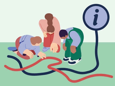 Das Bild zeigt eine Illustration mit drei Personen, die sich über eine rote und eine blaue Linie beugen, die auf dem Boden gezeichnet sind. Eine Person mit braunen Haaren trägt ein rosafarbenes Oberteil und rote Hosen, eine andere Person mit ebenfalls braunen Haaren trägt ein hellblaues Oberteil und rote Hosen, während eine dritte Person mit schwarzen Haaren ein blaues Hemd und eine grüne Latzhose trägt. Alle drei Personen beugen sich über die Linien, als würden sie ihnen folgen. Die Linien führen zu einem Informationssymbol mit dem Buchstaben „i“. Diese Darstellung weckt Neugier und deutet darauf hin, dass es Leitlinien für Bürger_innenbeteiligung gibt, denen man folgen kann, um sich in die Beteiligungsprozesse einzubringen. Das Informationssymbol signalisiert zudem, dass konkrete Hinweise und Erklärungen zu diesen Leitlinien vorhanden sind.