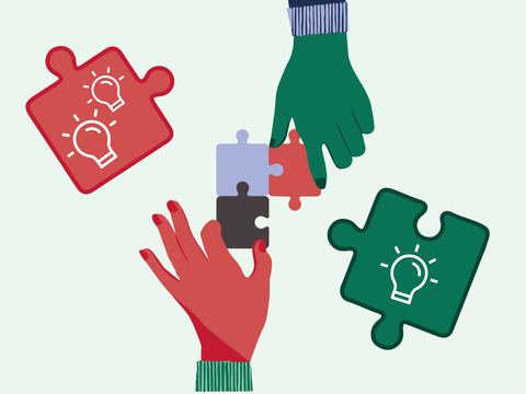 Das Bild zeigt eine Illustration von zwei stilisierten Händen, die gemeinsam ein Puzzle zusammensetzen. Eine Hand ist rot, die andere grün. Das Puzzle in der Mitte besteht aus vier Teilen in den Farben Rot, Lila, Schwarz und Grau. Links und rechts von den Händen befinden sich zwei weitere schwebende Puzzleteile – eines in Rot mit zwei Glühbirnen und eines in Grün mit einer Glühbirne. Die Puzzleteile symbolisieren Ideen, die durch Kooperation und Zusammenarbeit zu Lösungen und Vorschlägen zusammengeführt werden. Dieses Bild soll den Leser_innen verdeutlichen, wie sie selbst Beteiligung anregen und sich aktiv in die Prozesse einbringen können, indem sie ihre eigenen Ideen vorschlagen und umsetzen.