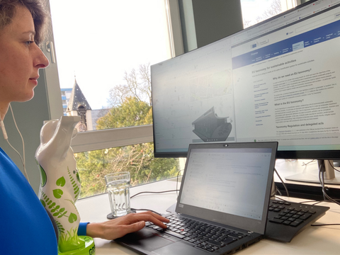 Eine Frau sitzt mit einem grün-weißen Buddy Bär an einem Schreibtisch mit einem Laptop, einer Tastatur und einem großen Monitor.
