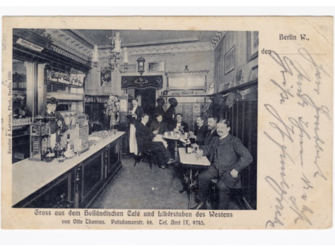 Postkarte mit einem Foto der Gastronomie in dem Gebäude der Potsdamer Straße 156 (damals Potsdamerstraße 66), 1906 (Bild: Zander & Labisch, Archiv der Museen Tempelhof-Schöneberg)