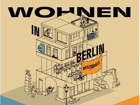 Grafik von einem Gebäude mit mehreren Etagen. Darüber steht "Wohnen in Berlin"