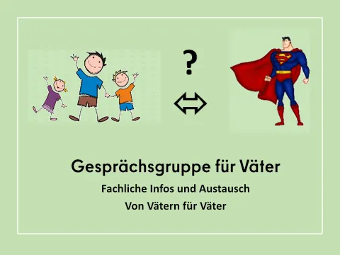 Die Illustration eines Vaters mit zwei Kindern und gegenüber Supermann