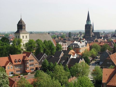 Stadt aus der Vogelperspektive mit Dächern und Kirchentürmen