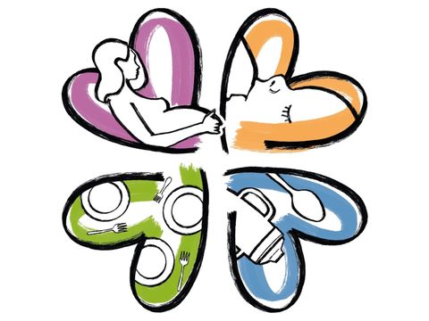 Grafik mit Herzen die gefüllt sind mit einer schwangeren Frau, einem Baby, Teller und Besteck und Babyflaschen