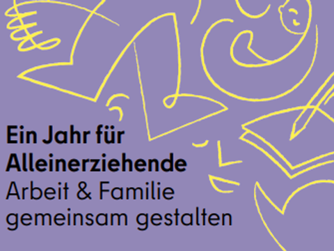 lila Hintergrund mit gelber Strichzeichnung und Aufschrift "Ein Jahr für Alleinerziehende"