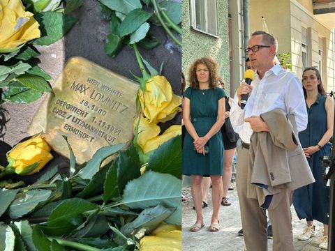 Collage: Stolperstein Lomnitz und Bezirksbürgermeister hält anlässlich der Stolpersteinverlegung eine Rede. Im Hintergrund stehen die Bezirksstadträtinnen Weingart und Leistner