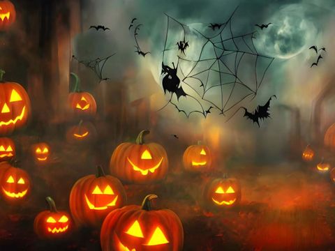 Helloweenbild mit Kürbissen und Spinnen