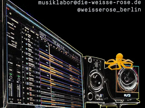 flyer unseres tonstudio- abgebilet ist der name des tonstudios: musiklabor und ein Bild des Studios