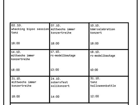 abgebildet ist das monatsprogramm für den oktober 2026 in der weissen rose - alle programmpunkte stehen auch einzeln in Textform unter dem Reiter Programm