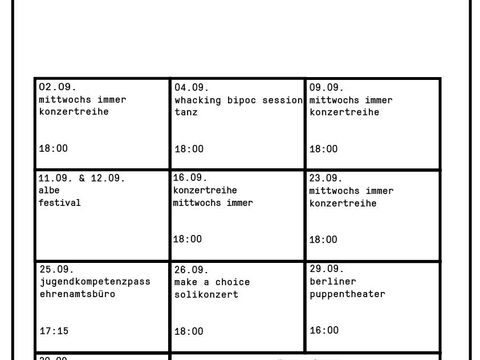 abgebildet ist das monatsprogramm für den september 2026 in der weissen rose - alle programmpunkte stehen auch einzeln in Textform unter dem Reiter Programm
