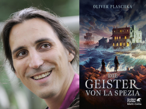 Oliver Plaschka und das Cover seines Buches "Die Geister von La Spezia"