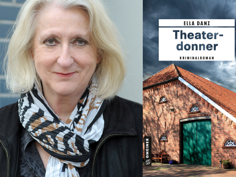 Autorin Ella Denz mit dem Cover ihres Buches "Theaterdonner"