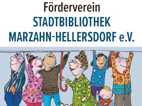 Fördervereinsflyer - Ausschnitt. Mehrere gezeichnete Menschen halten ein Schild hoch mit der Aufschrift Förderverein