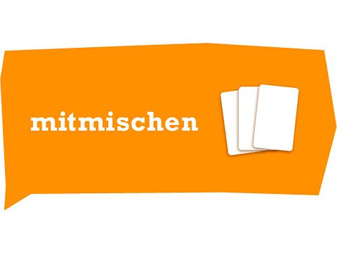 Orangener Hintergrund mit Schrift: mitmischen und drei angedeuteten Karten