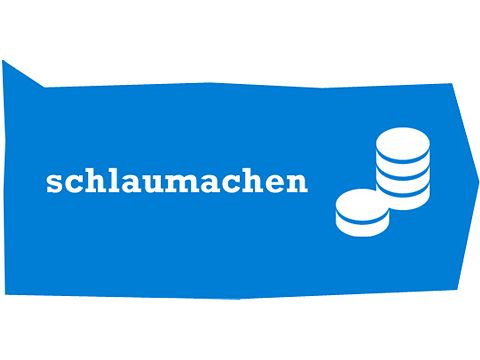 Blauer Hintergrund mit Schrift: schlaumachen mit angedeuteten Geldstücken