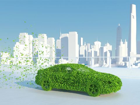 Auto aus Blättern steht vor der weißen Kulisse einer Stadt
