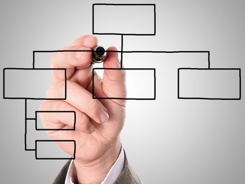 Hand eines Mannes zeichnet ein Organigramm