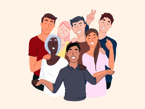 Gruppe mit jungen Menschen unterschiedlicher Nationen