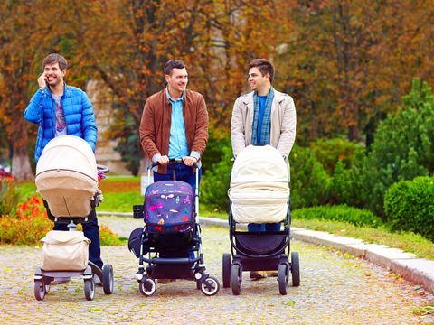 3 Männer spazieren mit Kinderwagen durch den Park