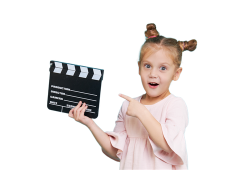 Funny smiling child girl hold film making clapperboard isolated on blue background. Little clipmaker, acting training. Funny face. Copy space for text