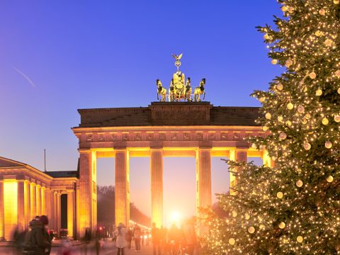 Panoramic image of Christmas tree at Brandenburger Gate in Berlin