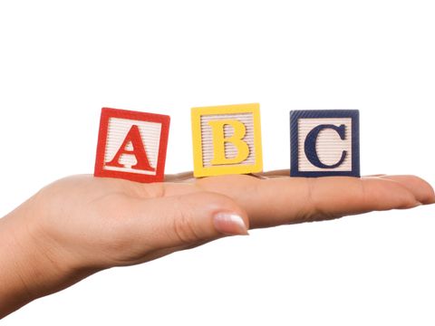 Auf der Hand liegen drei Würfel mit mit Buchstaben ABC