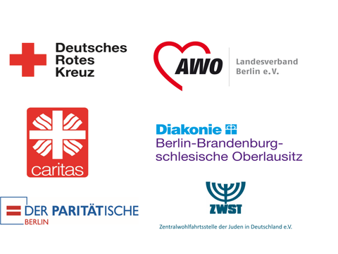 Logos von Deutsches Rotes Kreuz, Arbeiterwohlfahrt Berlin, Diakonie Berlin-Brandenburg-Schlesische Oberlausitz, Caritas, Der Paritätische Wohlfahrtsverband und der Zentralwohlfahrtsstelle der Juden in Deutschland