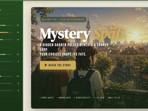 Screenshot einer Website, zwei animierte Personen schauen auf Berlin, Schriftzug "Mystery Späti"