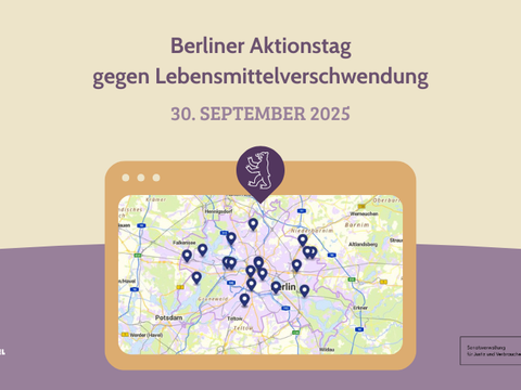 Ankündigung Berliner Aktionstag gegen Lebensmittelverschwendung am 30. September 2025 mit einer Karte des Berliner Stadtgebietes, versehen mit Markern