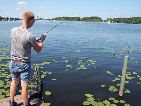 Angler. Ein sommerlich gekleiderter Angler steht auf einem Steg und hält eine Angelrute in einen See. Um den Steg herum sind Seerosenblätter. Im Hintergrund sieht man vor dem baumbestandenen gegenüberliegenden Seeufer einige Segelboote.