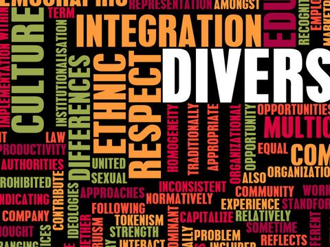 Foto auf dem viele Begriffe wie u.a. Integration und Diversity stehen