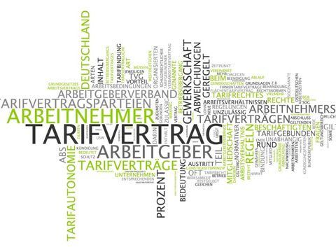 Illustration mit Schriftzug Tarifvertrag, Arbeitnehmer, Arbeitgeber und weiteren