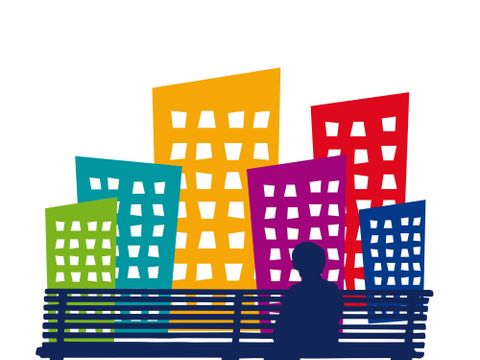 Illustration zeigt eine Figur auf einer Bank vor einer Häuserzeile