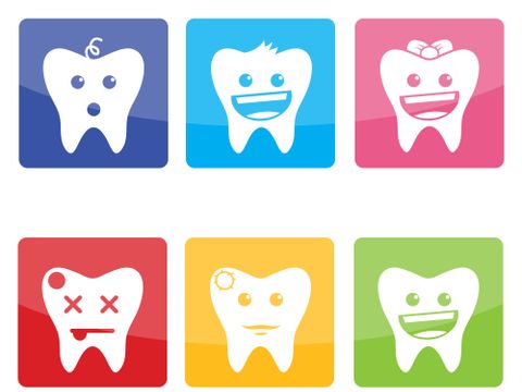 Lustige bunte Icons mit Zähnen für Kinderzahnärzte