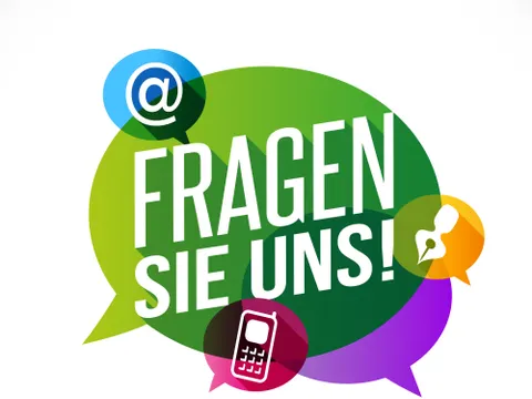 Sprechblase mit Telefon-, E-Mail- und Schreibfederzeichen