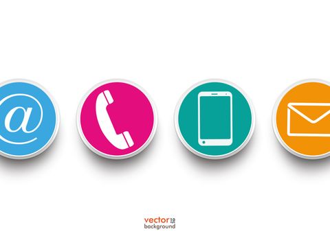 Runde, farbige Kontakt-Buttons zu E-Mail, Telefon, mobil und postalisch